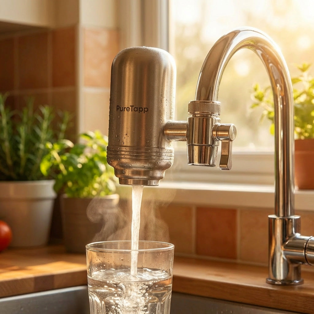 Doorsnede PureTapp Pro filter met blauwe pijlen die de waterstroom door het filtermateriaal tonen